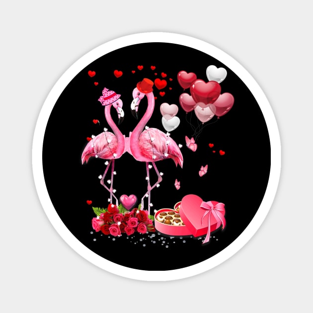 Happy Valentine's Flamingo Couple Red Roses Heart Balloons Magnet by cogemma.art